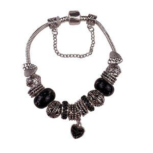 Sterling Silver Ladies Black & Silver Beaded Bracelet With Heart Charm